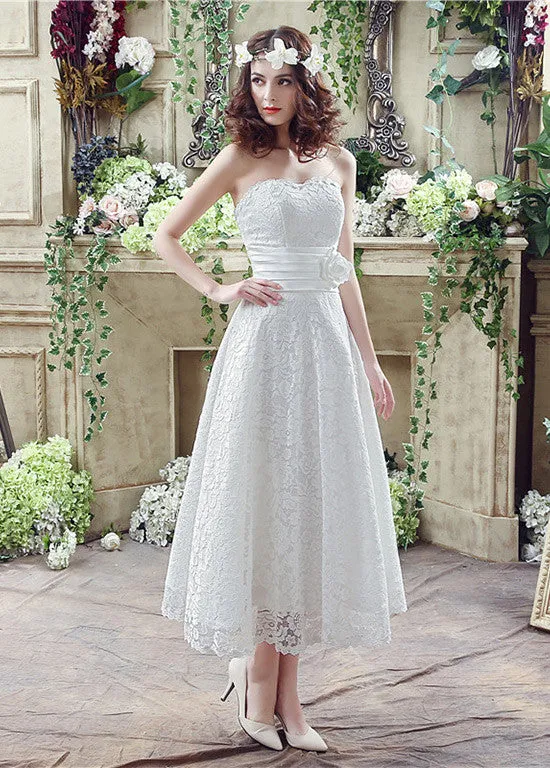 Lace Strapless A-line Tea-length Wedding Dresses With Handmade Flower