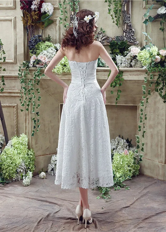 Lace Strapless A-line Tea-length Wedding Dresses With Handmade Flower