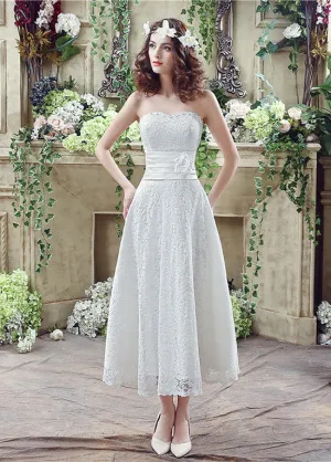 Lace Strapless A-line Tea-length Wedding Dresses With Handmade Flower