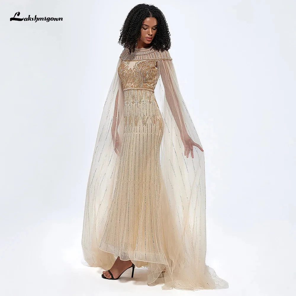 Lakshmigown Arabic Gold Mermaid Elegant Beaded Evening Dresses With Cape Sleeves Gowns For Women Wedding Party فساتين السهرة