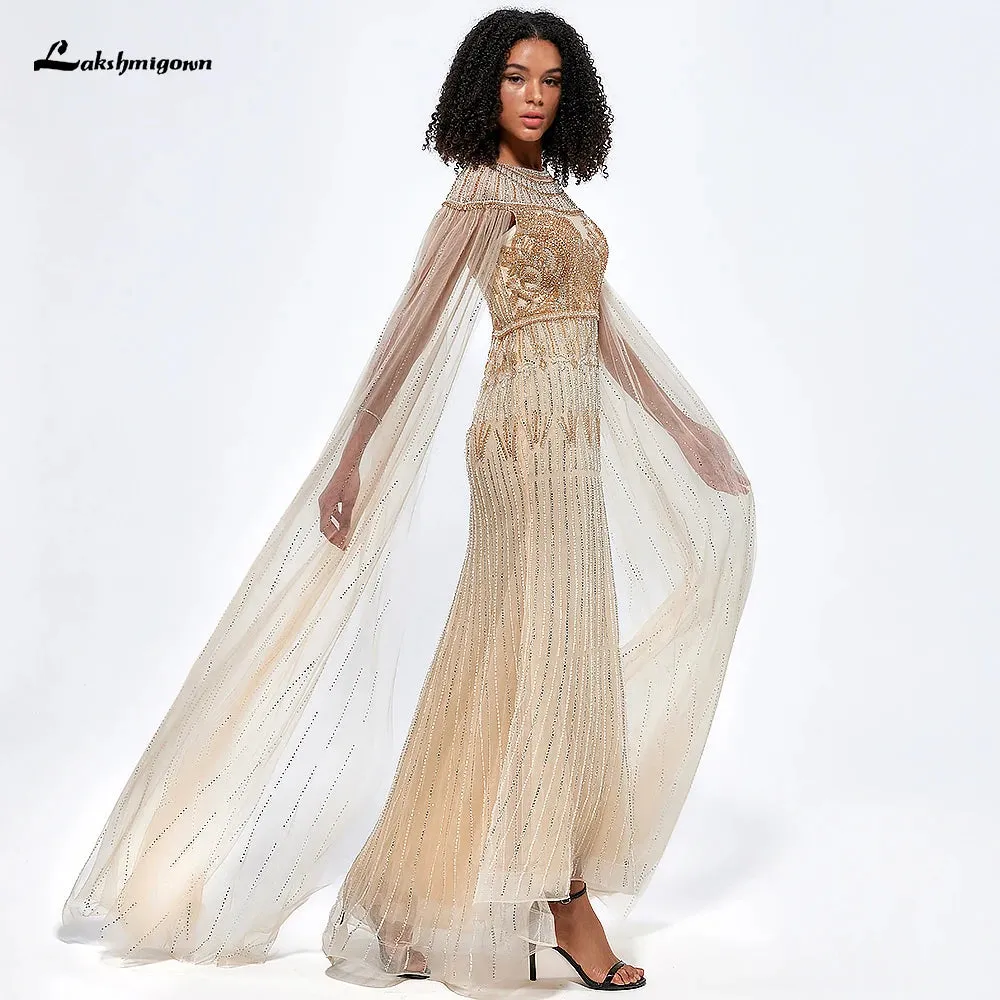 Lakshmigown Arabic Gold Mermaid Elegant Beaded Evening Dresses With Cape Sleeves Gowns For Women Wedding Party فساتين السهرة