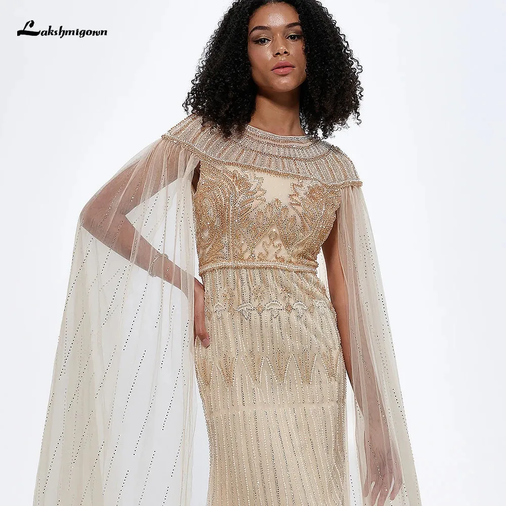 Lakshmigown Arabic Gold Mermaid Elegant Beaded Evening Dresses With Cape Sleeves Gowns For Women Wedding Party فساتين السهرة