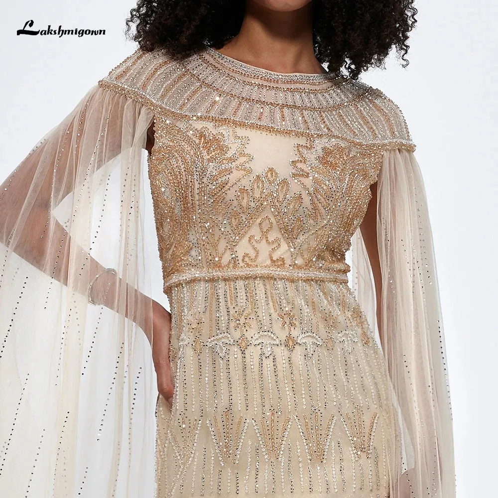 Lakshmigown Arabic Gold Mermaid Elegant Beaded Evening Dresses With Cape Sleeves Gowns For Women Wedding Party فساتين السهرة