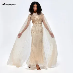 Lakshmigown Arabic Gold Mermaid Elegant Beaded Evening Dresses With Cape Sleeves Gowns For Women Wedding Party فساتين السهرة