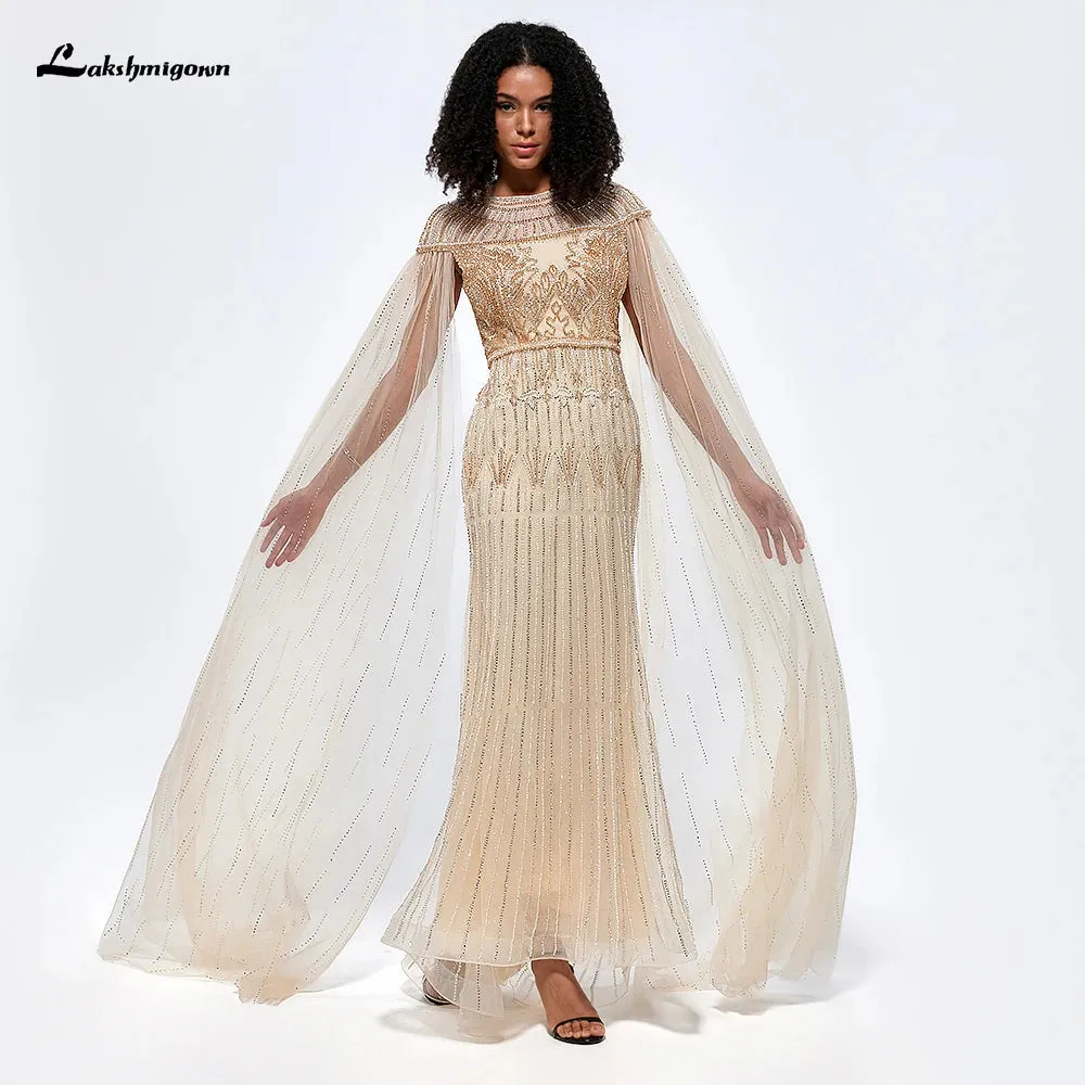 Lakshmigown Arabic Gold Mermaid Elegant Beaded Evening Dresses With Cape Sleeves Gowns For Women Wedding Party فساتين السهرة