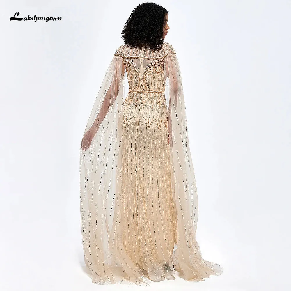 Lakshmigown Arabic Gold Mermaid Elegant Beaded Evening Dresses With Cape Sleeves Gowns For Women Wedding Party فساتين السهرة