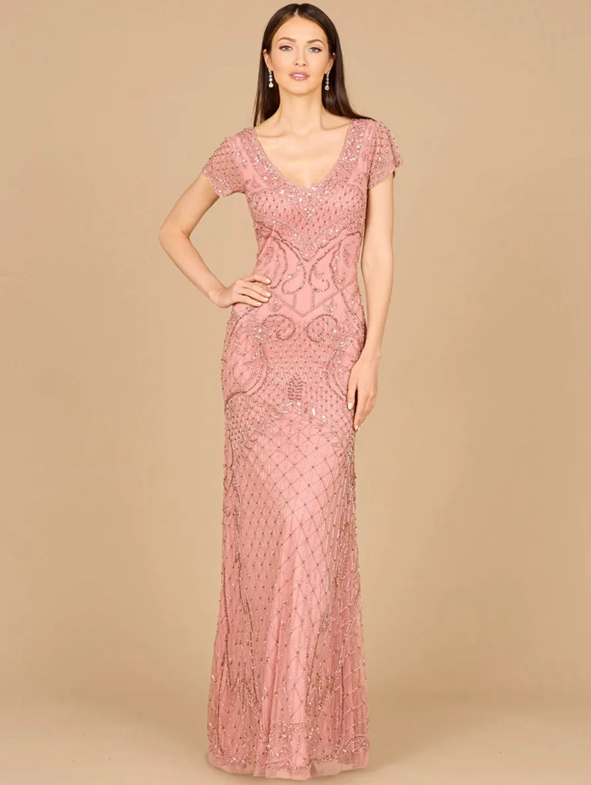 Lara Beaded Cap Sleeve Gown with V-Neck Gown 29073