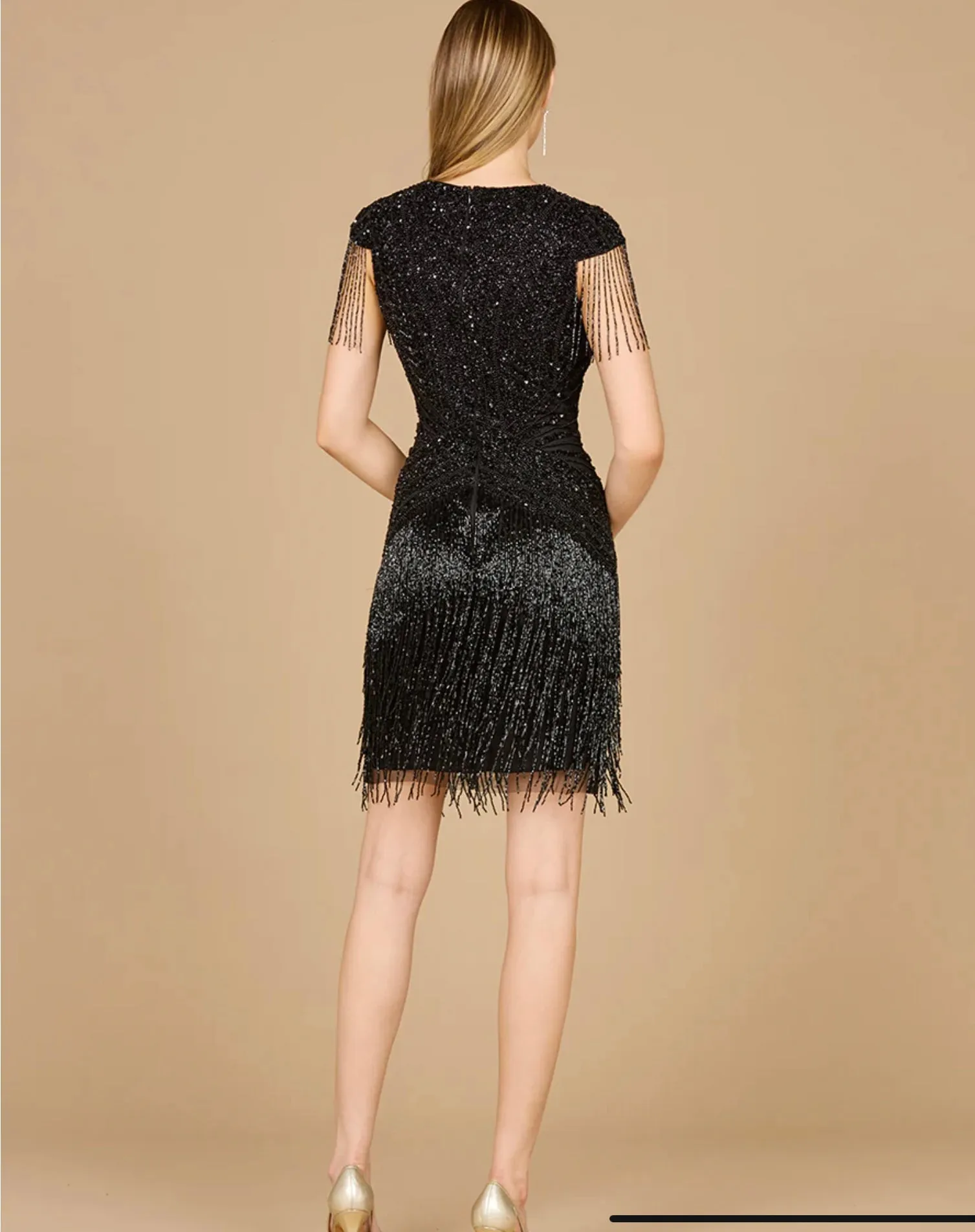 Lara Beaded Fringe Cap Sleeves Short Dress 29123