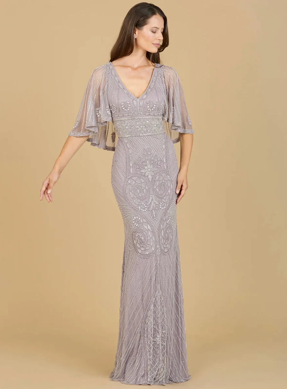 Lara Cape Sleeve V-Neck Beaded Gown 29356