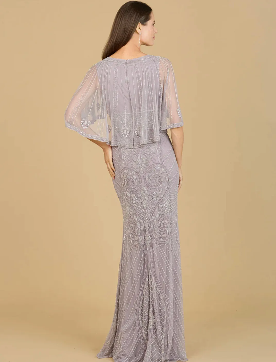 Lara Cape Sleeve V-Neck Beaded Gown 29356