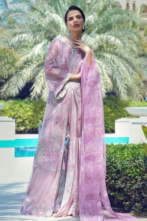 Latest designer embroidered net outfit for party wear in magenta color # P2428