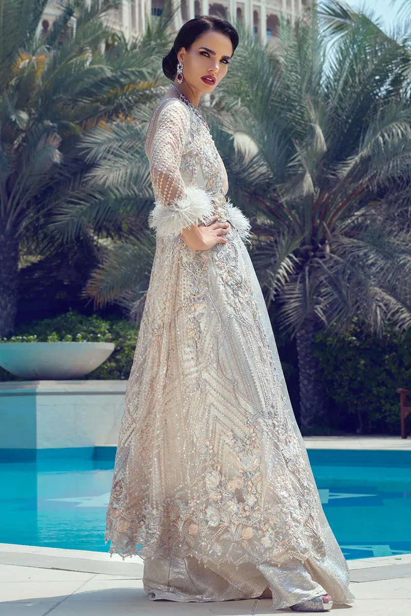 Latest designer net embroidered outfit for party wear in peach color # P2429
