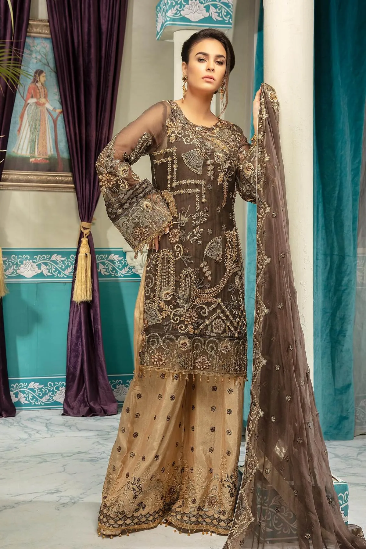 Latest embroidered chiffon eid dress in dark brown and skin color # P2471