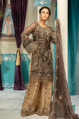 Latest embroidered chiffon eid dress in dark brown and skin color # P2471