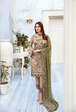 Latest embroidered chiffon outfit 2020 in skin and green color # P2515