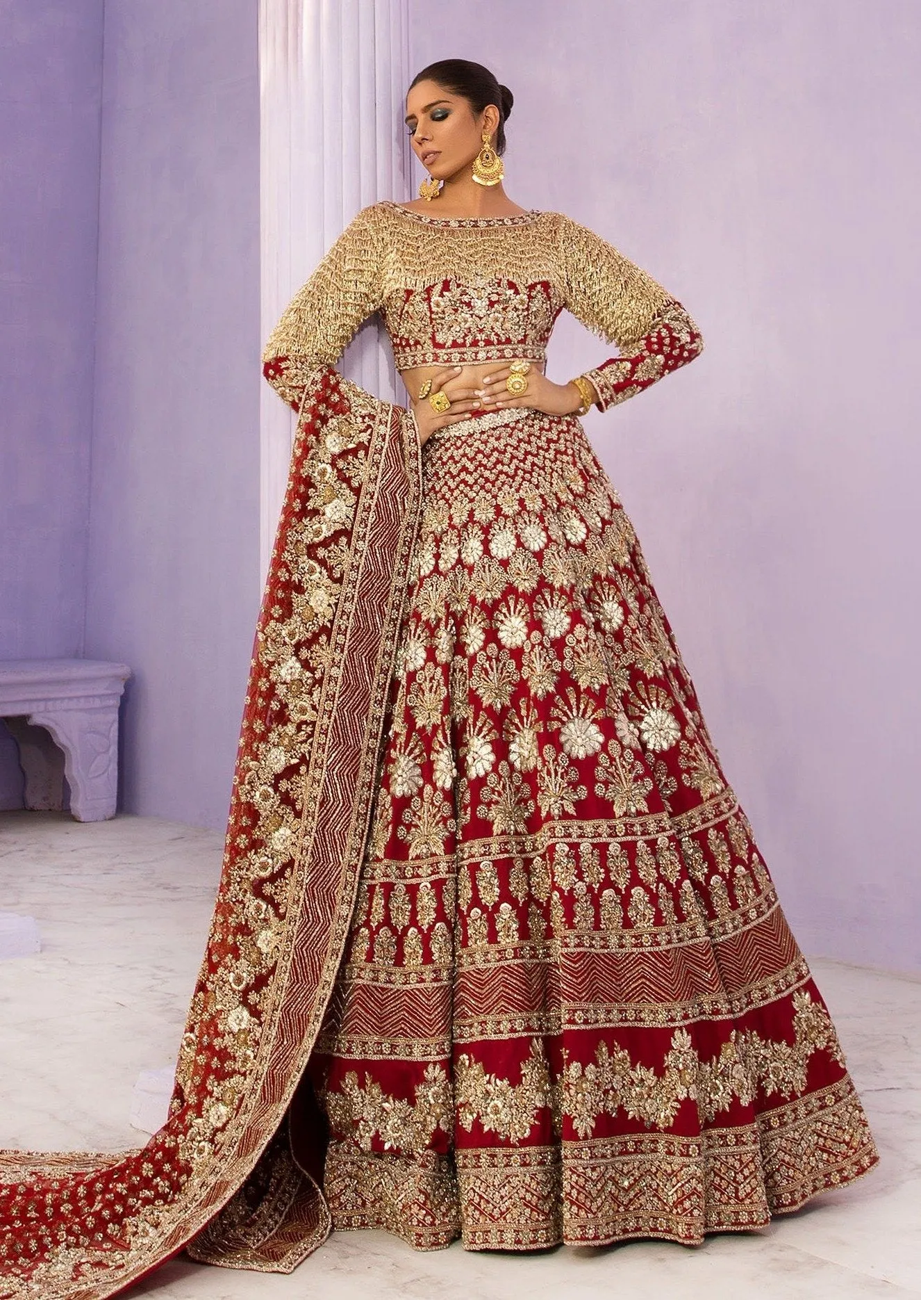 Latest Pakistani Embroidered bridal outfit 2020 in red color # B3467