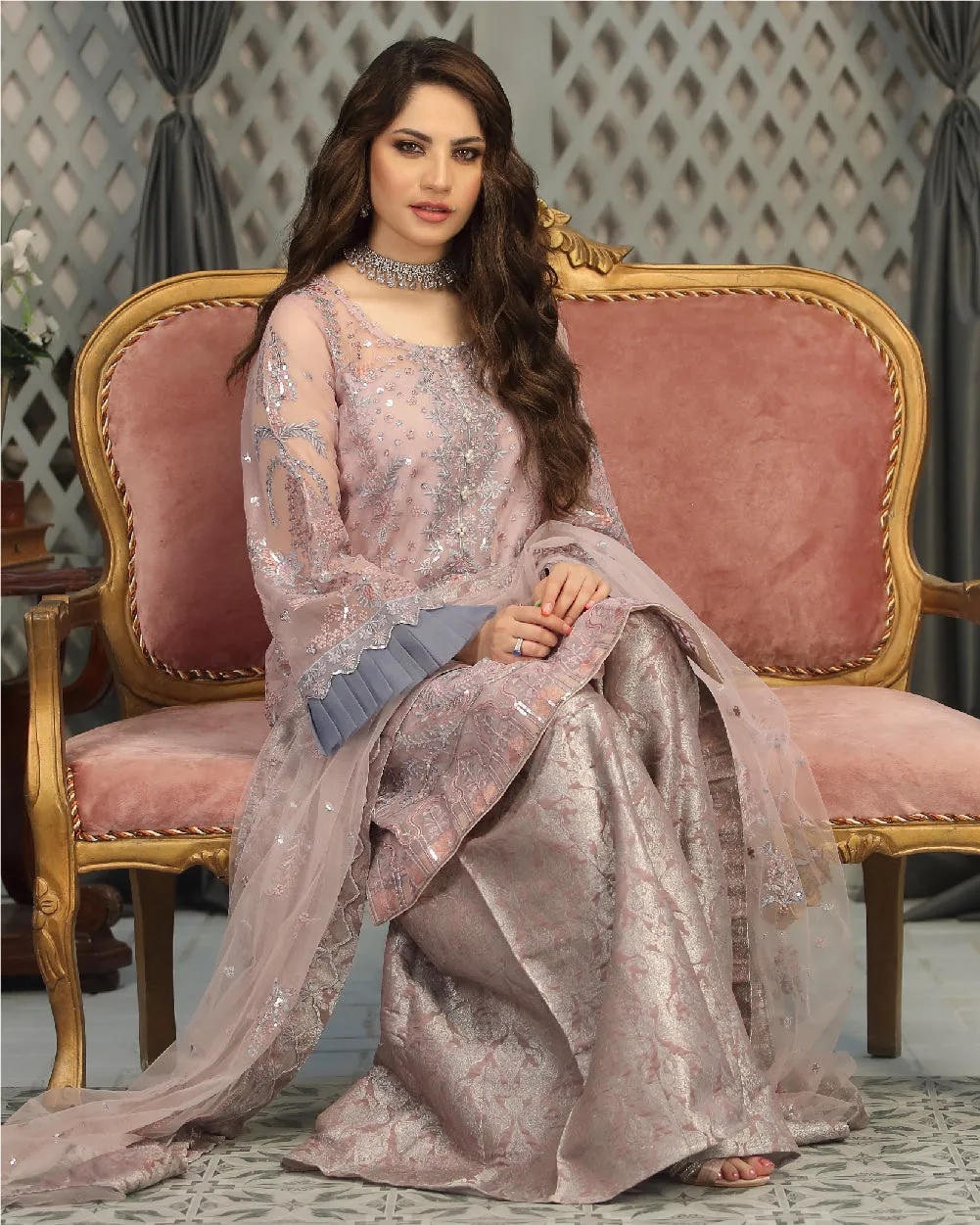 Lavender Pakistani Wedding Dress Heavily Embellished Kameez Gharara