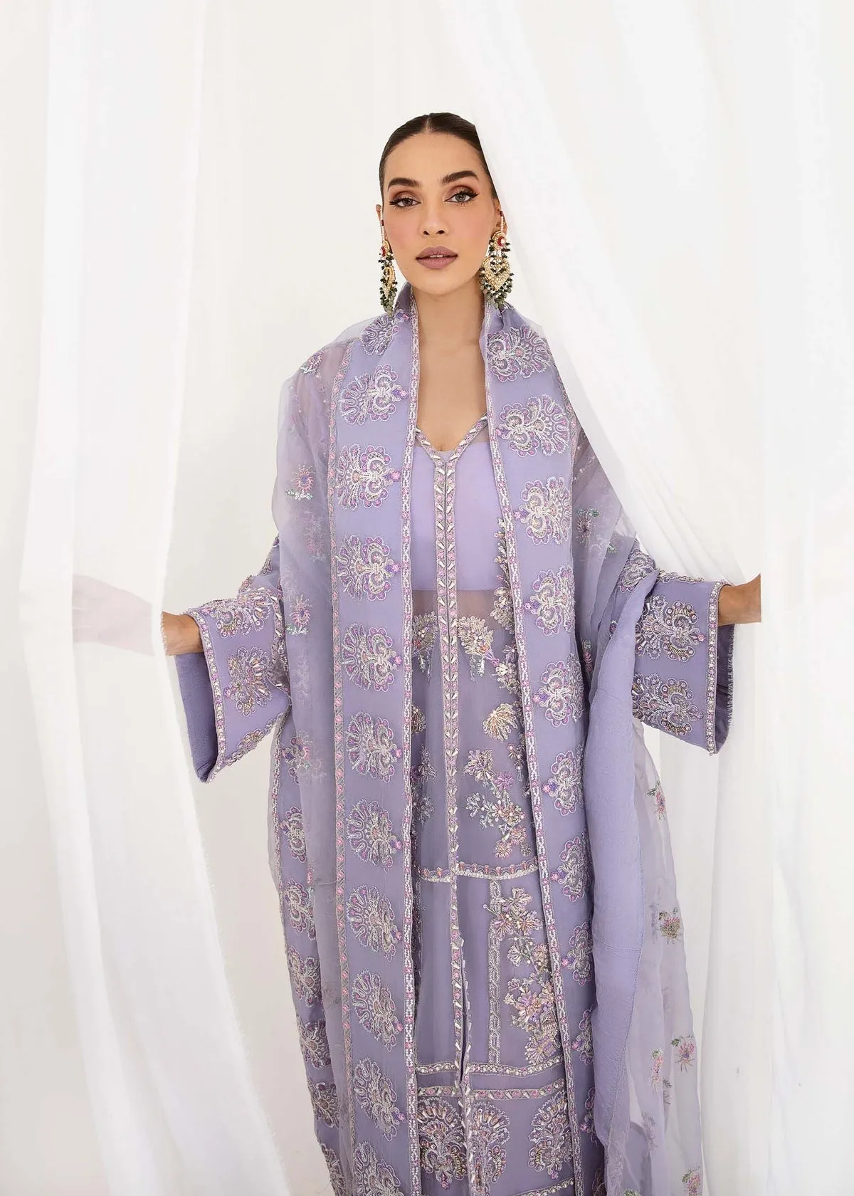 Lilac Embroidered Pakistani Wedding Dress in Kameez Gharara Style