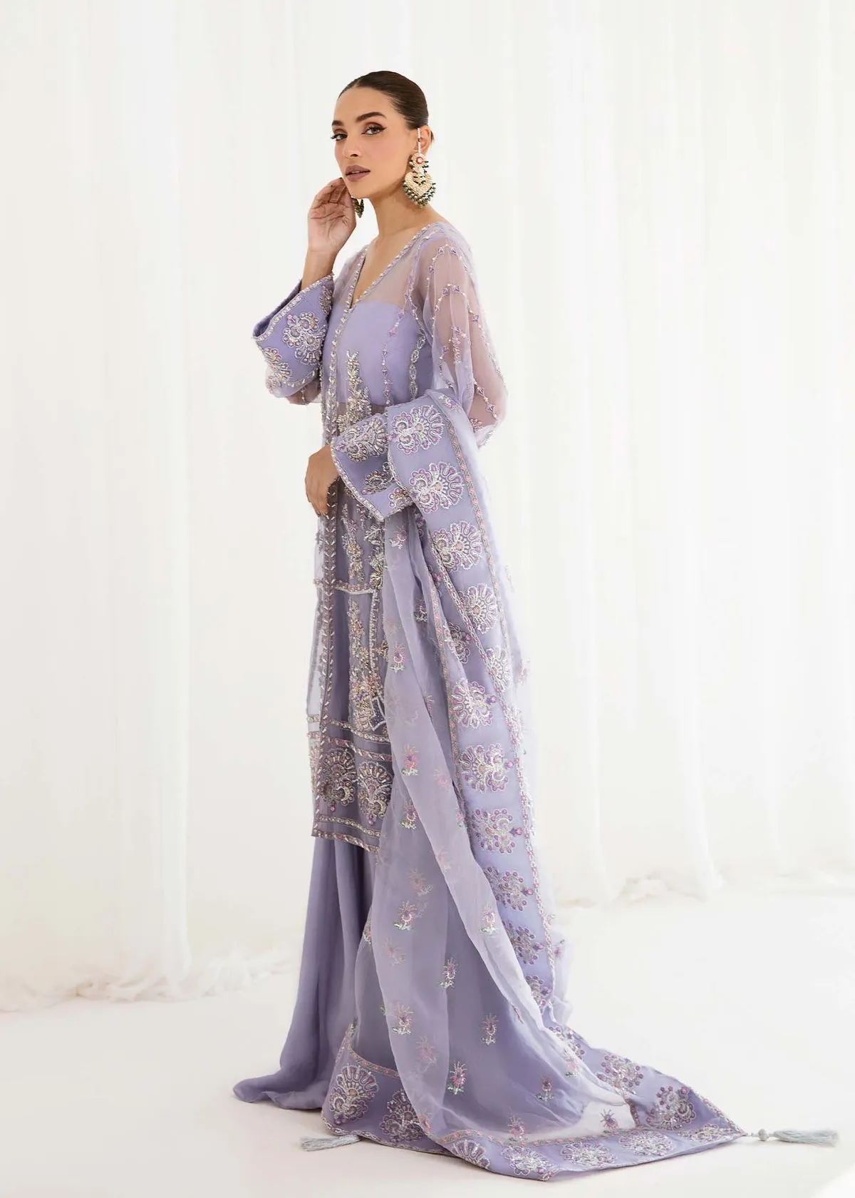 Lilac Embroidered Pakistani Wedding Dress in Kameez Gharara Style