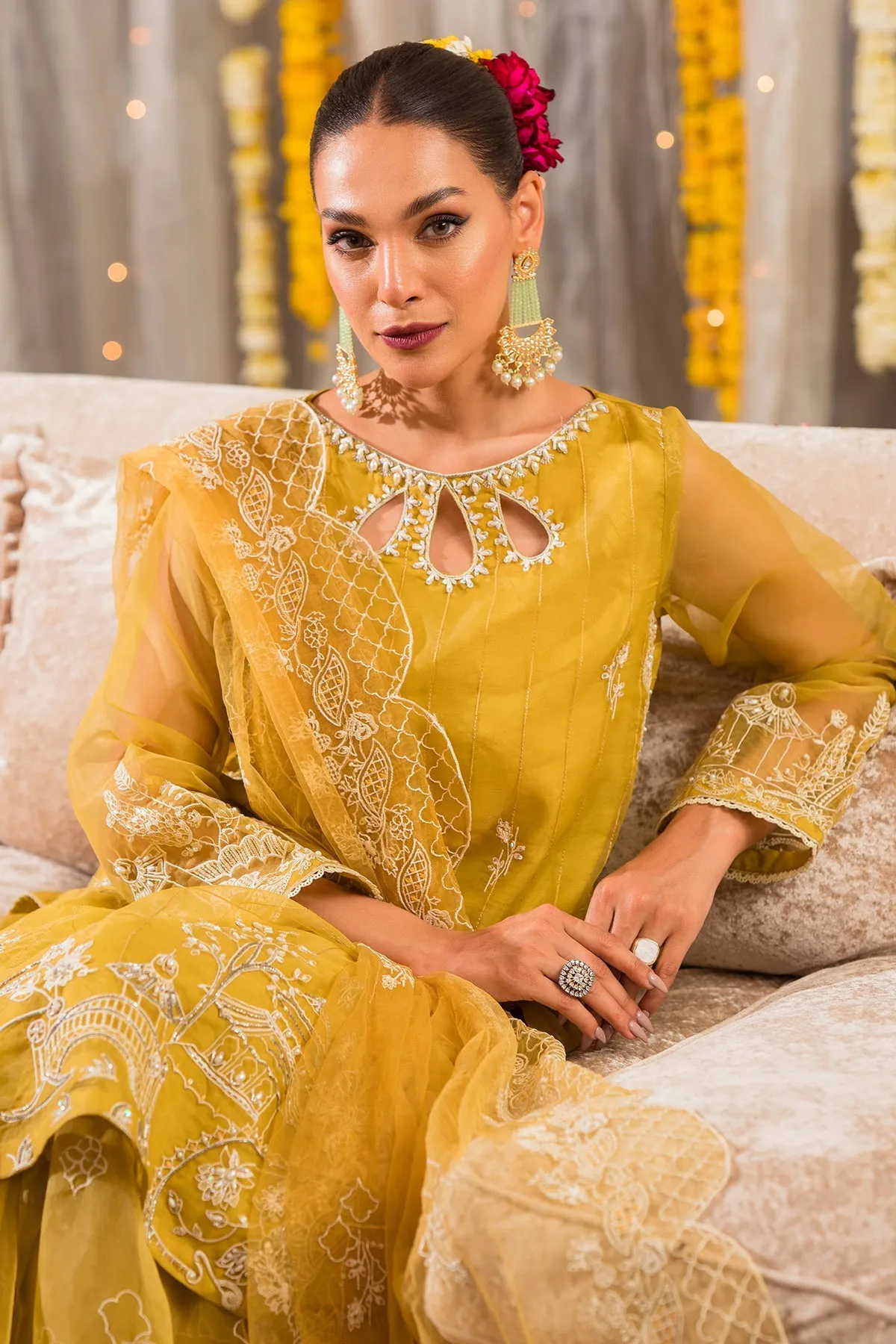 Lime Yellow Heavily Embellished Pakistani Party Wear Kameez Sharara