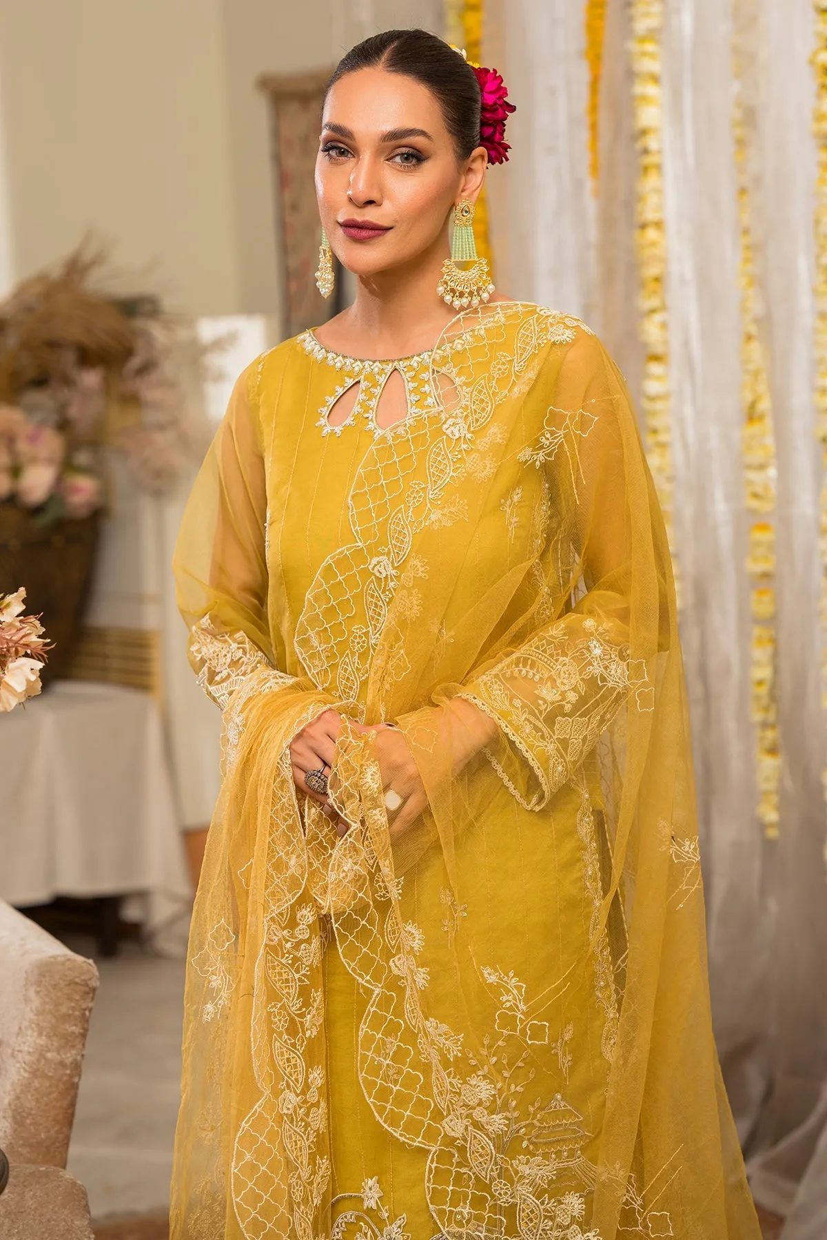 Lime Yellow Heavily Embellished Pakistani Party Wear Kameez Sharara