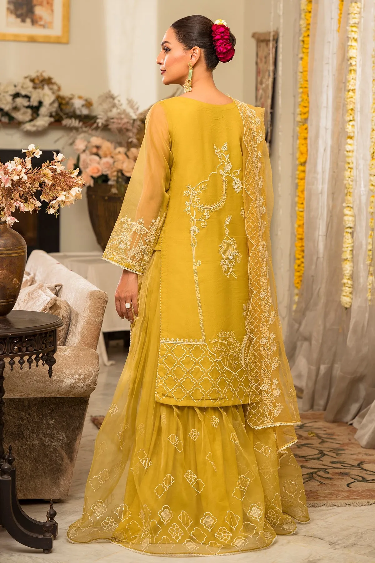 Lime Yellow Heavily Embellished Pakistani Party Wear Kameez Sharara