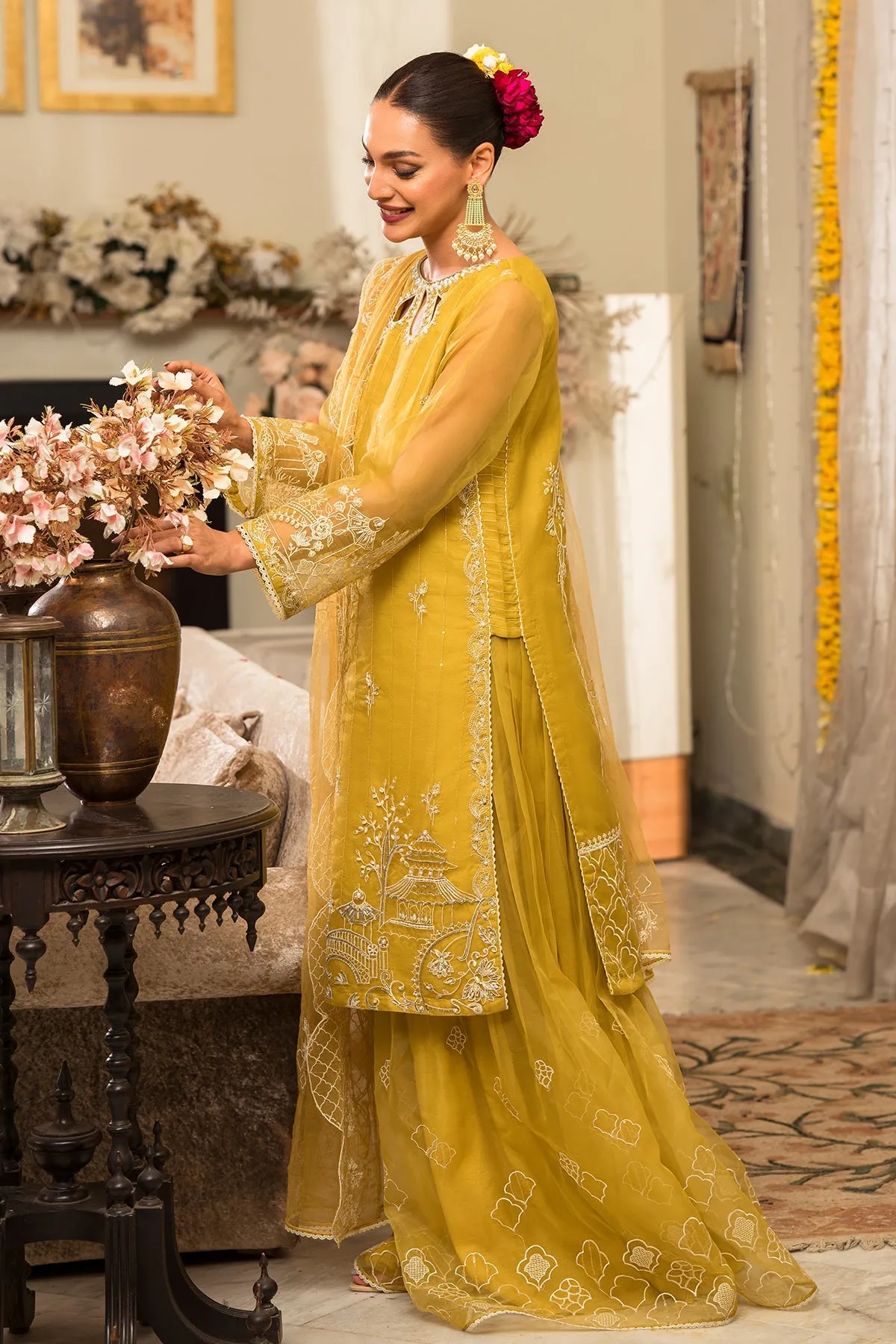 Lime Yellow Heavily Embellished Pakistani Party Wear Kameez Sharara