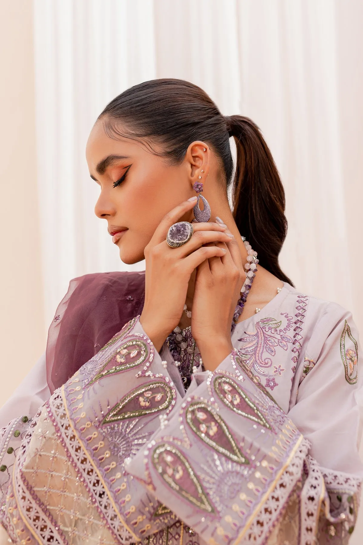 Long Paneled Lilac Kameez with Trousers Pakistani Party Dress