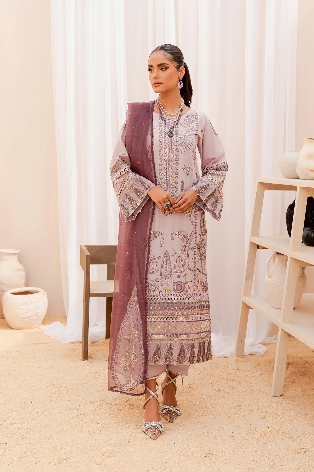 Long Paneled Lilac Kameez with Trousers Pakistani Party Dress