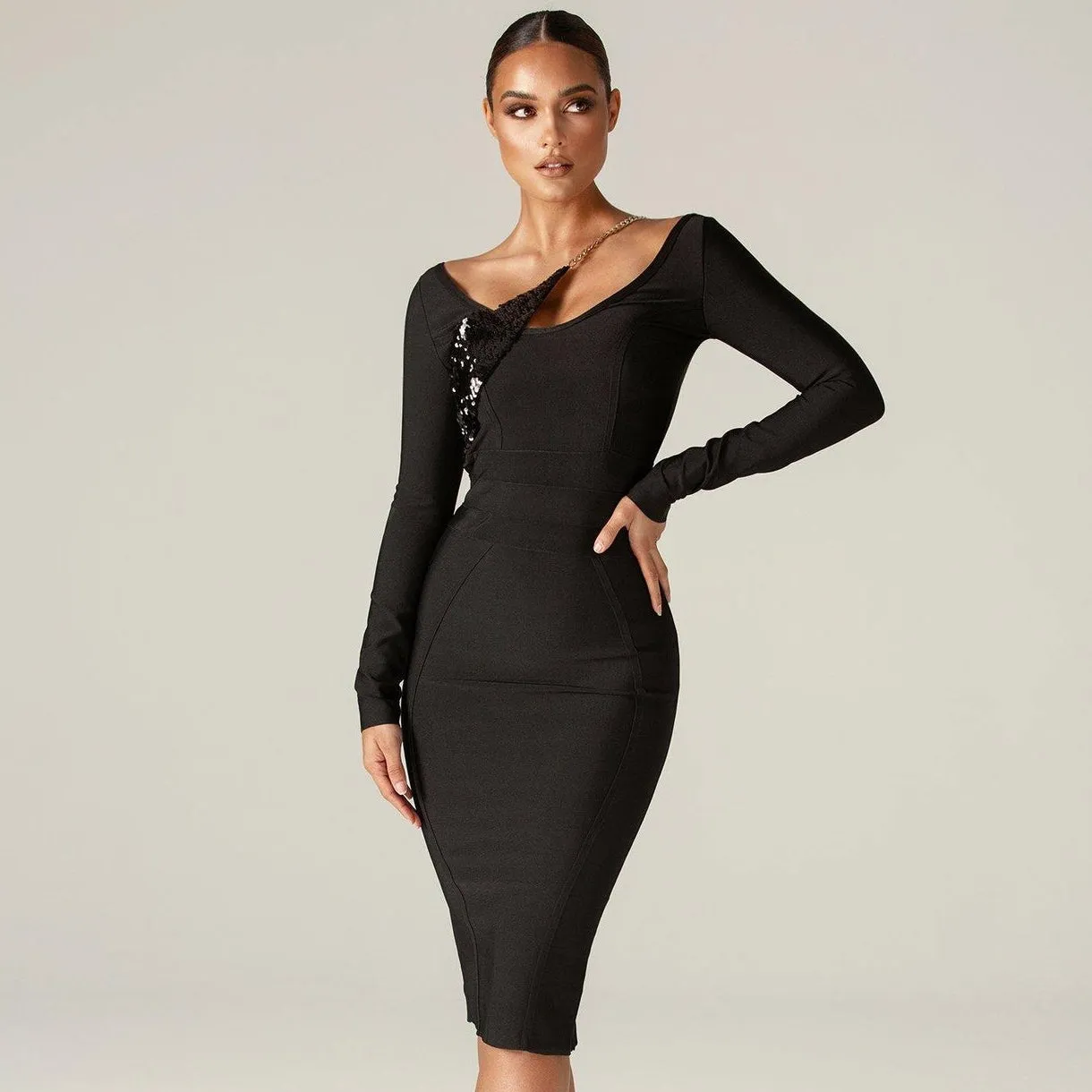 Long Sleeve Sequined Midi Bandage Dress PP21613