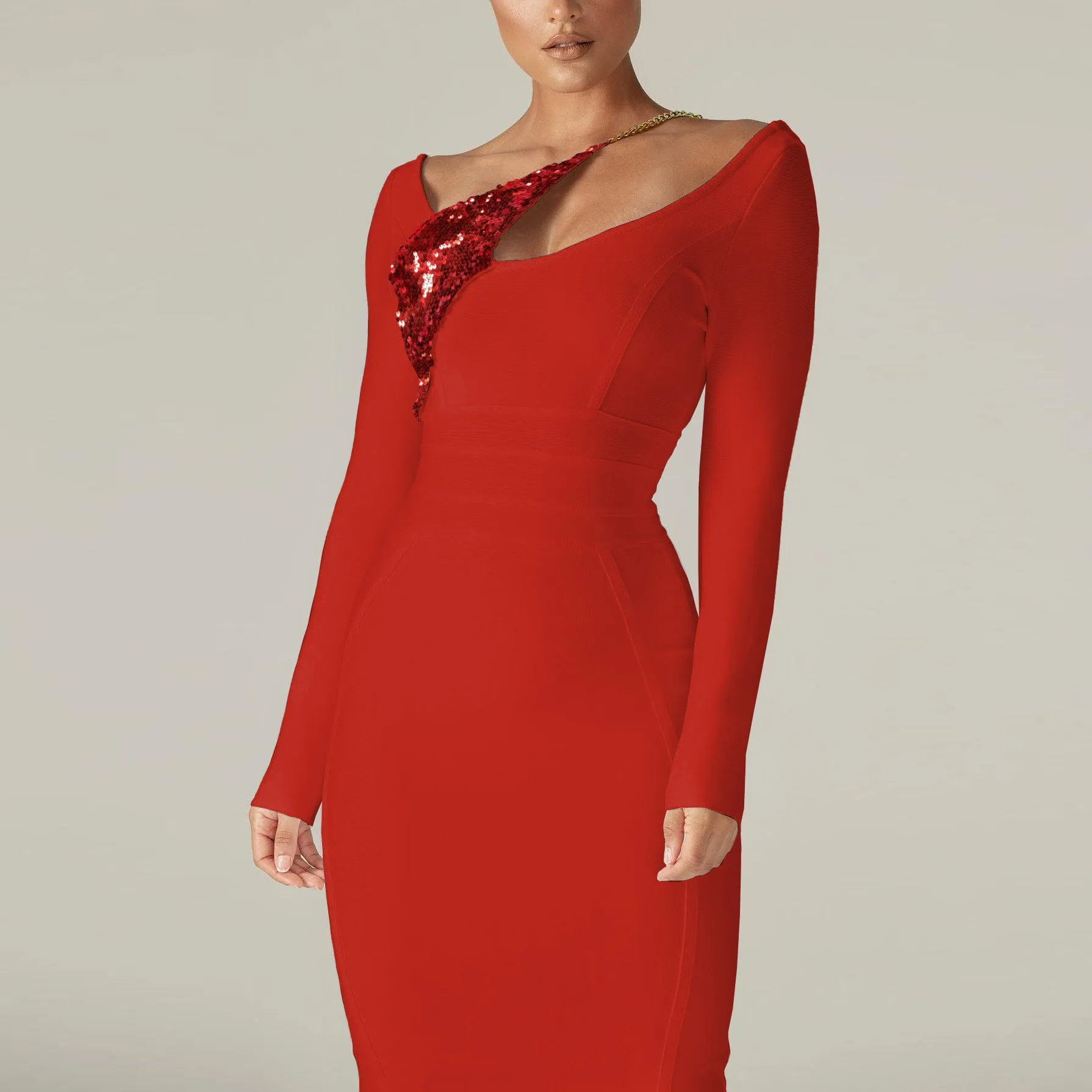 Long Sleeve Sequined Midi Bandage Dress PP21613