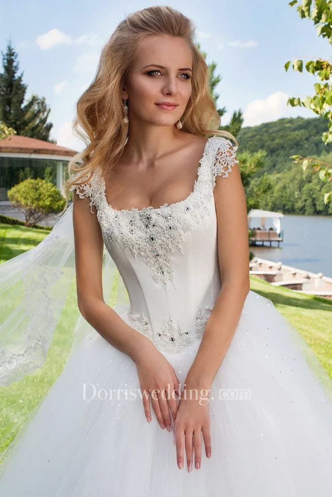 Long Square Beaded Cap-Sleeve Tulle Wedding Dress With Sweep Train And Corset Back