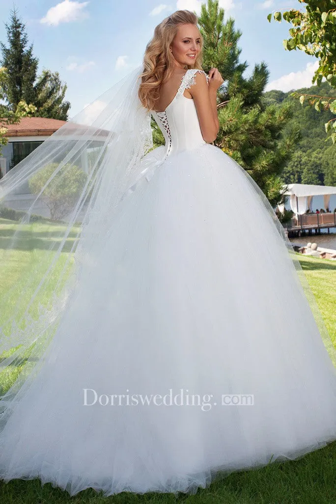 Long Square Beaded Cap-Sleeve Tulle Wedding Dress With Sweep Train And Corset Back