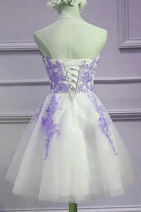 Lovely A Line Tulle Sweetheart Strapless Short Prom Dress With Lace APH0281
