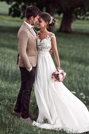 Lovely Simple Beach Lace Appliqued Cap Sleeves Chiffon Wedding Dress-715361
