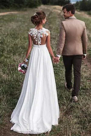 Lovely Simple Beach Lace Appliqued Cap Sleeves Chiffon Wedding Dress-715361