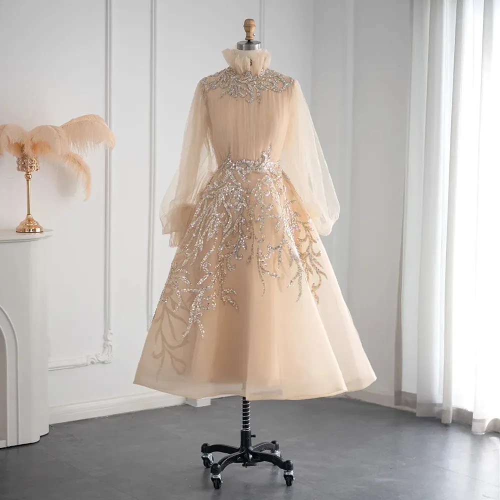 Luxury Champagne Long Sleeve Evening Dress