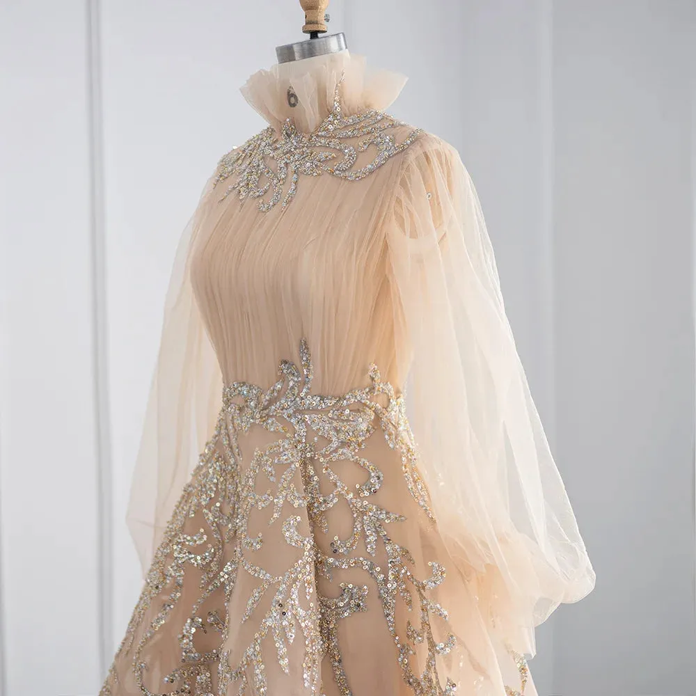 Luxury Champagne Long Sleeve Evening Dress