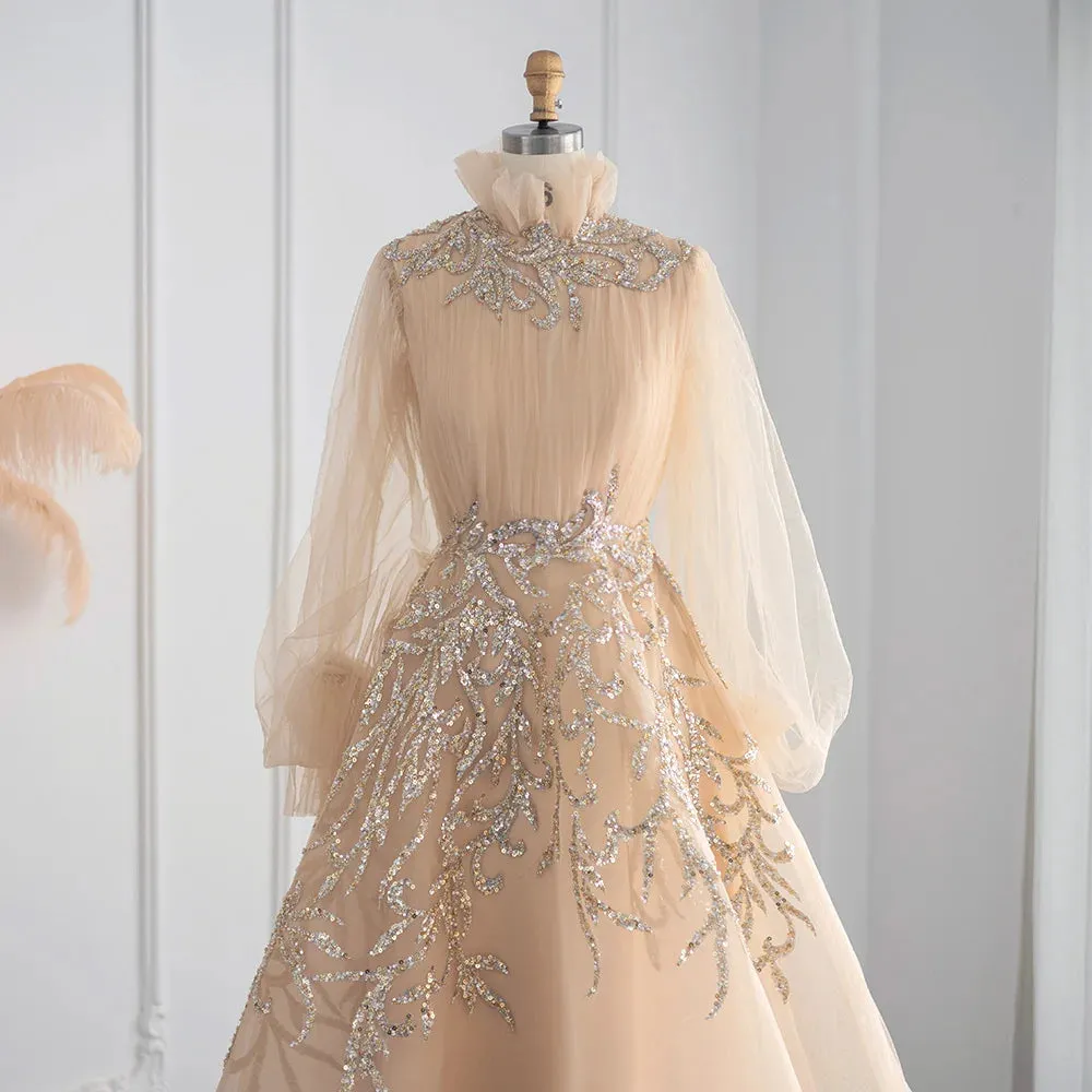 Luxury Champagne Long Sleeve Evening Dress