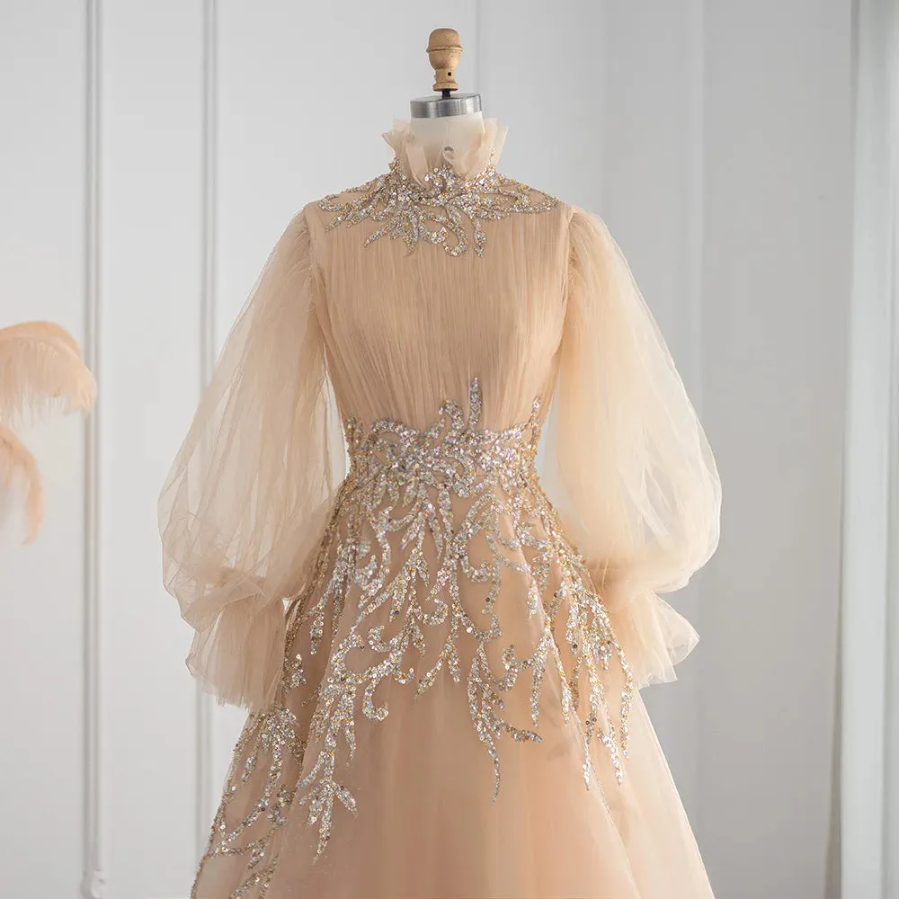Luxury Champagne Long Sleeve Evening Dress