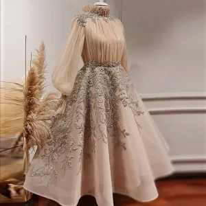 Luxury Champagne Long Sleeve Evening Dress