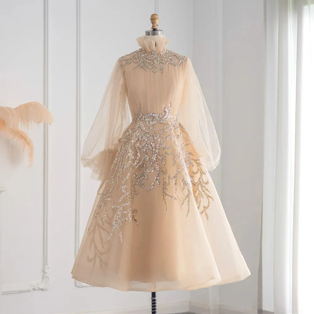 Luxury Champagne Long Sleeve Evening Dress