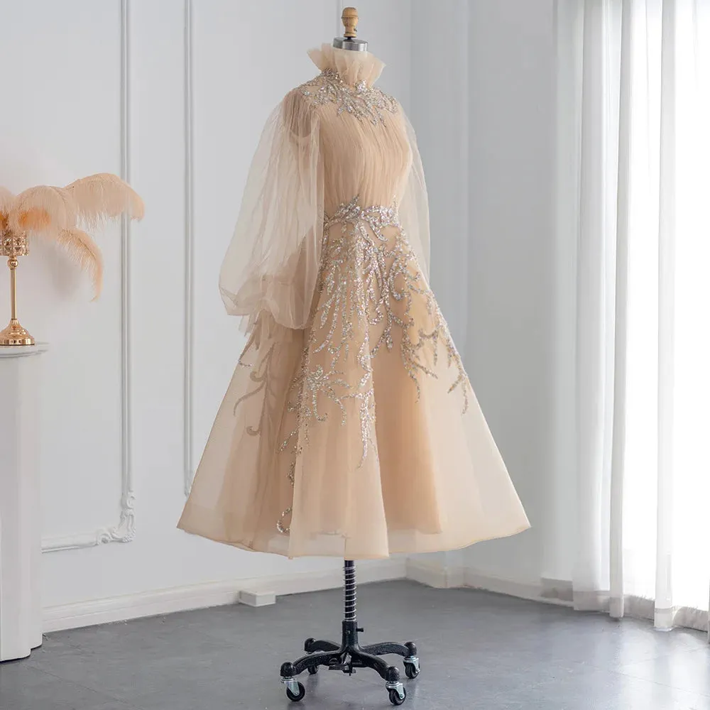 Luxury Champagne Long Sleeve Evening Dress
