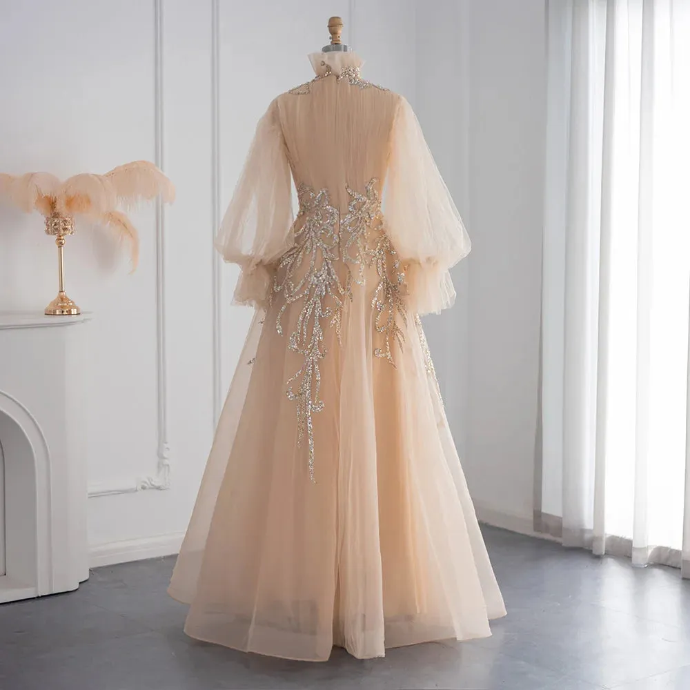 Luxury Champagne Long Sleeve Evening Dress