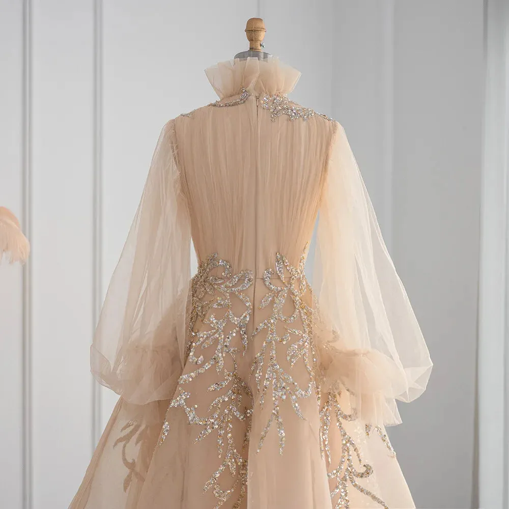 Luxury Champagne Long Sleeve Evening Dress