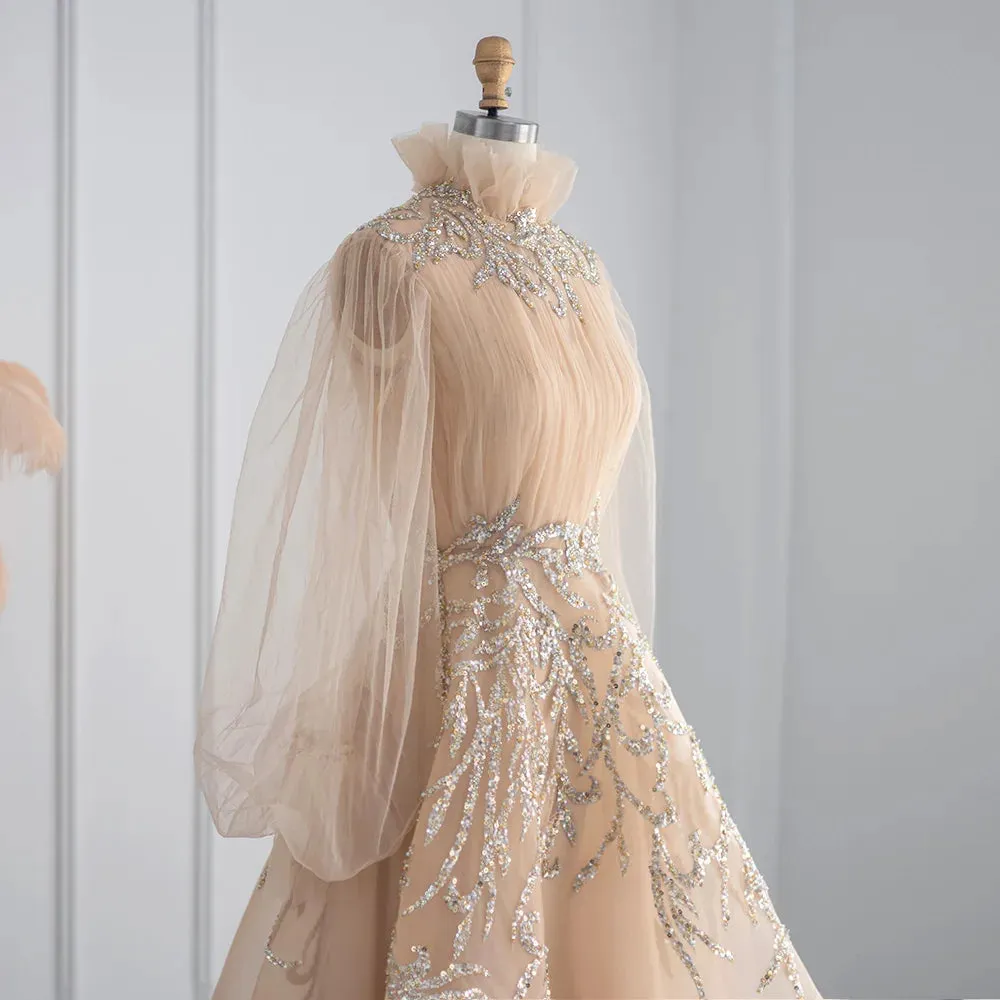 Luxury Champagne Long Sleeve Evening Dress