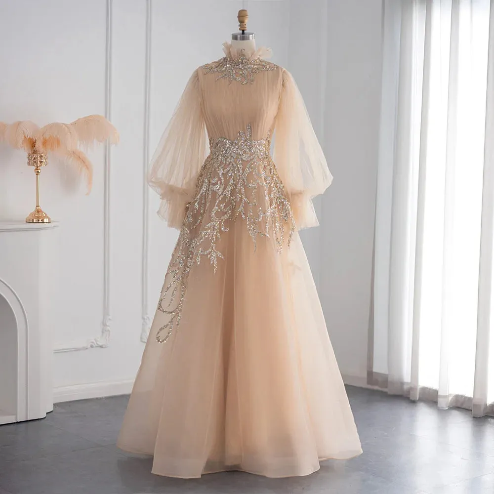 Luxury Champagne Long Sleeve Evening Dress
