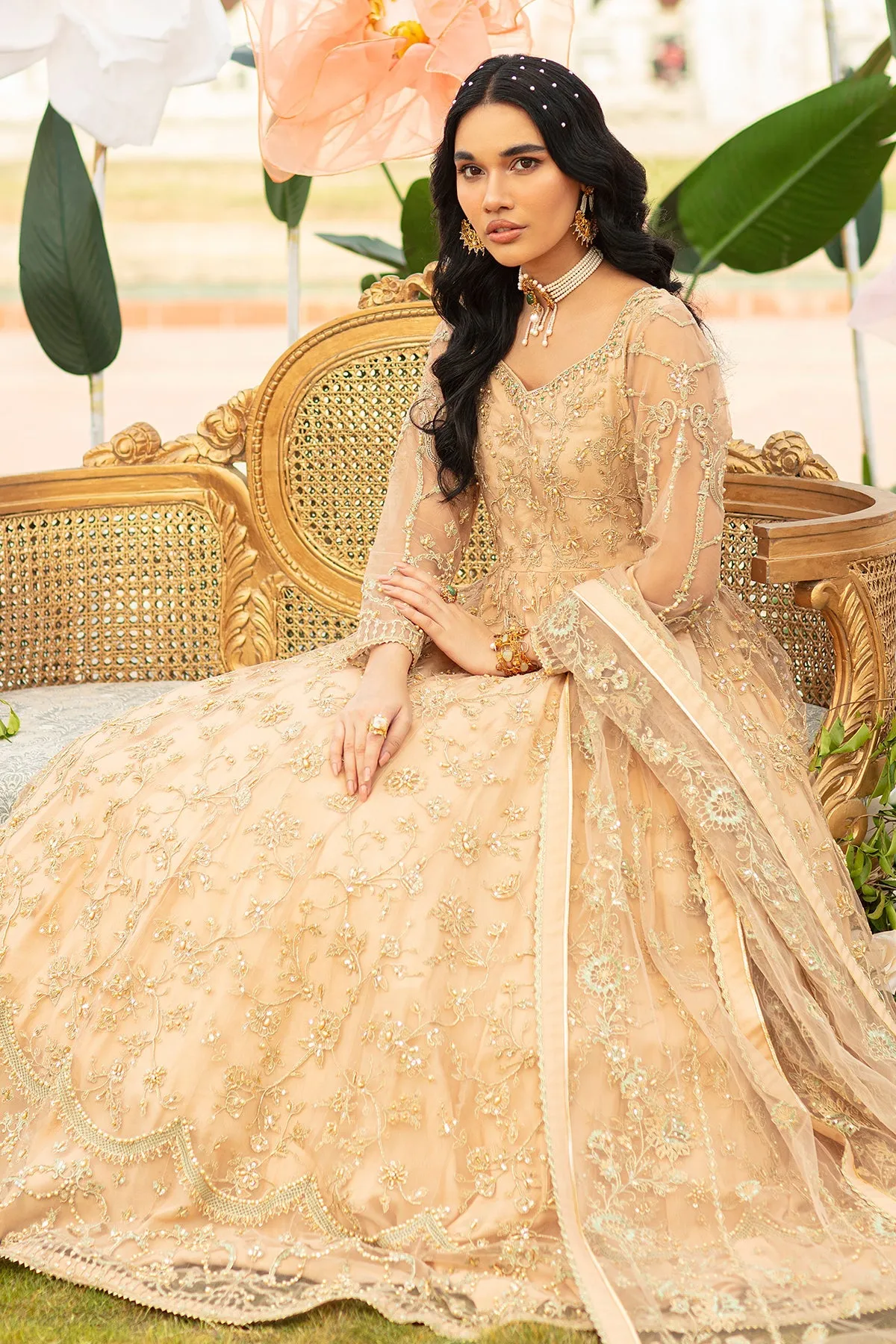 Luxury Embroidered Gold Pishwas Frock Pakistani Wedding Dress