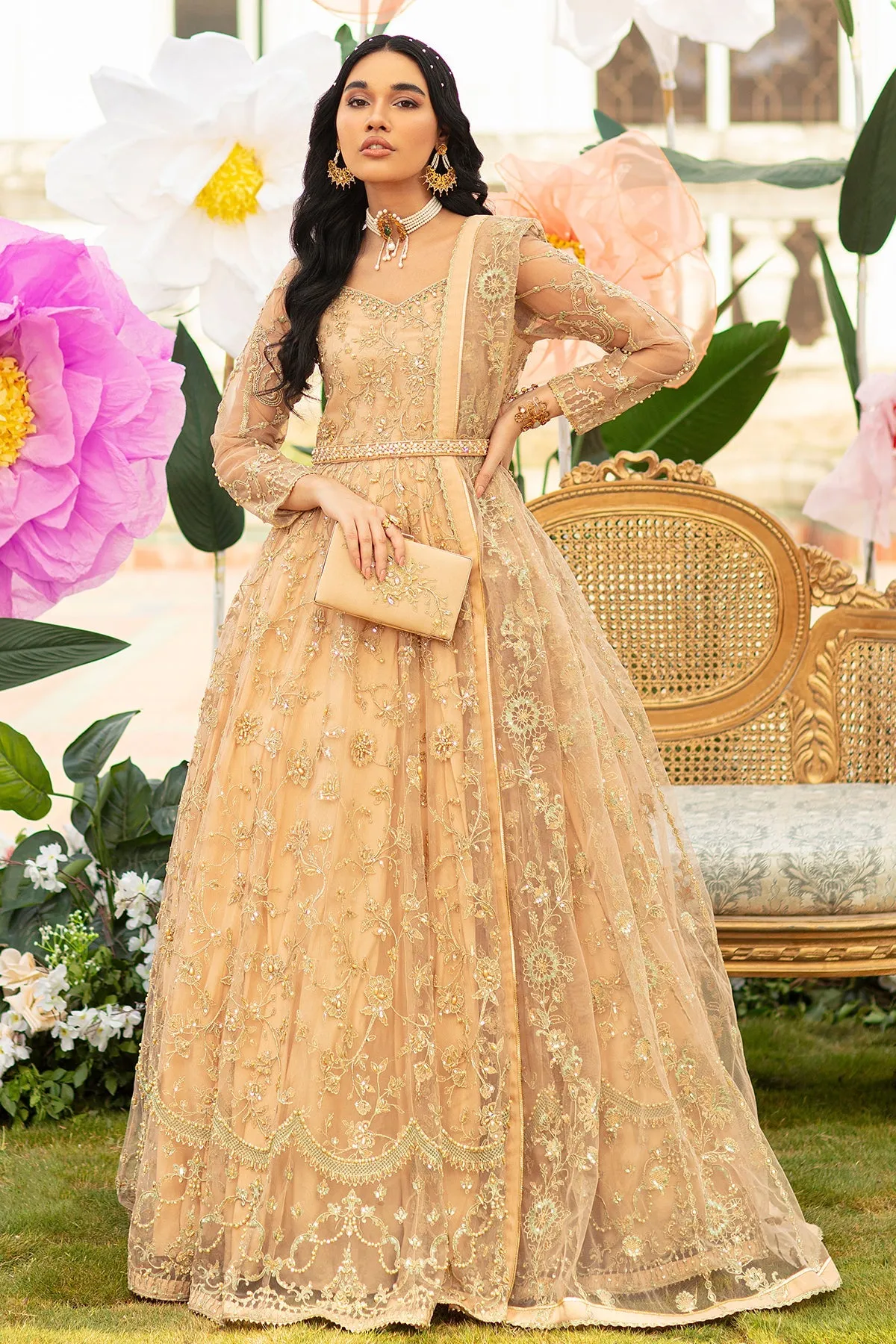 Luxury Embroidered Gold Pishwas Frock Pakistani Wedding Dress