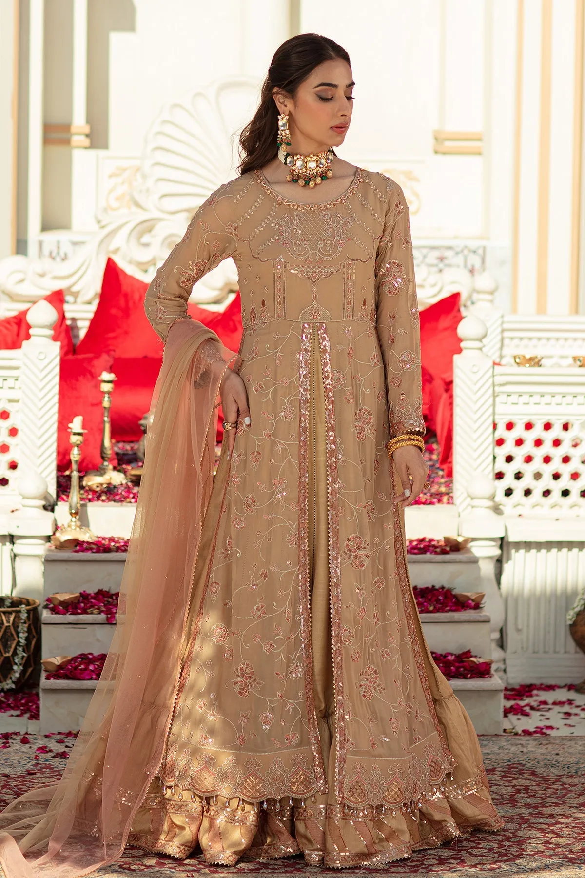 Luxury Gold Embroidered Pishwas Frock Pakistani Wedding Dress